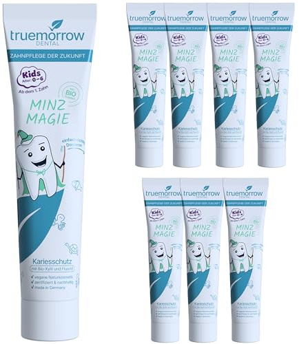 truemorrow Kinderzahnpasta mit Bio-Xylit und Fluorid | ohne Titandioxid & Mikroplastik – recycelbare Tube | Zahnpasta für Kinder mit mildem Minzgeschmack 8-er Set