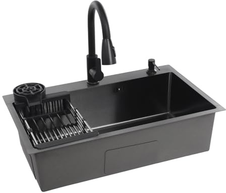 PBTERDTF KüChenspüLe 72x45cm Edelstahl Spülbecken Schwarz Einbauspüle mit Ausziehbarem Wasserhahn KüChenwaschbecken 1 Becken Einbauspüle,inkl. Seifenspender,Siebkorb für KüChen, Restaurants (72x45cm)