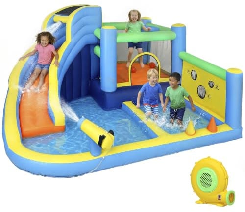 AIYAPLAY Castillo Hinchable Acuático 8 en 1 Soplador 550W 350x320x190 cm | Tobogán Extralargo Seco/Mojado, Zona de Salto, Escalada, Canasta, Lanzamiento de Aros, Exterior Interior, Niños