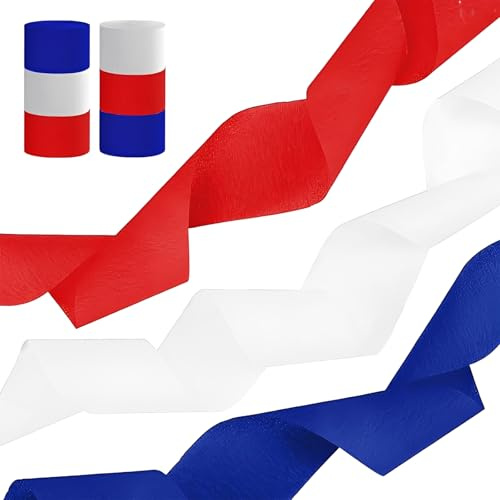 ZOMKIFA 6 Rollos de Papel Crepe Blanco Rojo Azul, 4,5cm x 25m, Decoraciones para la Copa del Mundo, Bandera Francesa, Apoyo a la Selección Francesa y Fiestas Nacionales