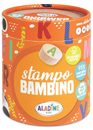 Aladine 3003134 Stempelset für Kinder, Stampo Bambino, Alphabet, 28 Holzstempel mit Stempelkissen, Holz