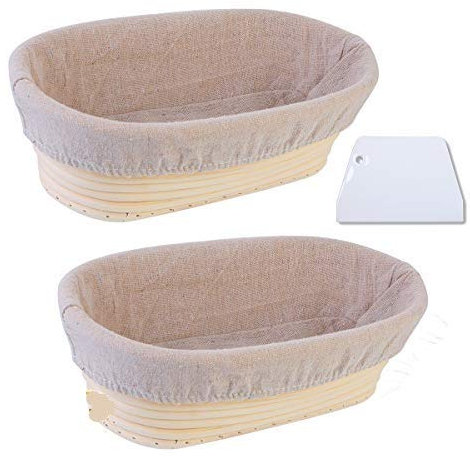 2 Pcs Banneton para Pan,Cesta a Prueba de Pan,Cesta para Masa Oval 25 x 15 x 8 cm,Cuenco para Masa,Cesta de Pruebas,Cesta de Masa de Ratán con 2 Raspador de Masa y 2 Paño de Forro de Lino