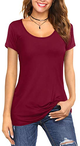 Florboom Summer T-Shirt Women Short Sleeve Solid Color Casual Blouses Tops Burgundy Size 12 14
