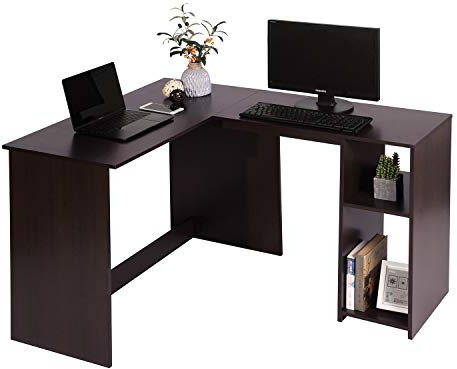 Homy Casa Scrivania Angolare Porta PC in Legno, Tavolo da Ufficio a Forma di L Salvaspazio Design con 2 Ripiani Aperti Poggiapiedi Versatile Stazione di Lavoro per Lavoro Gioco, Noce Scuro