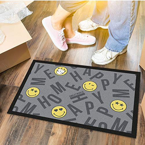 LILENO HOME Fussmatte 40x60 cm Smiley Home - Schmutzfangmatte für innen u. außen - Lustige Fußmatte Schwarz/Gelb - Waschbare u. rutschfeste Fussabtreter Türmatte als Türvorleger dünn