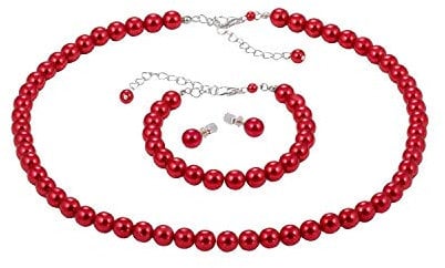ba bijou-art Perlenkette Rot Armband Ohrstecker Titan Schmuck-Set Perlen 0,8 cm Versilbert