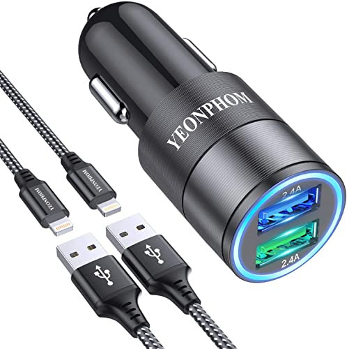 YEONPHOM Car Charger Compatible for iPhone 14 13 12 Pro Max/11 Pro Max/11/XS Max/XR/X/8/7/6,iPad Pro/Air/Mini, 2.4A Dual Port USB Car Phone Charger Adapter with MFI Certified 2Pack 1M Charging Cable