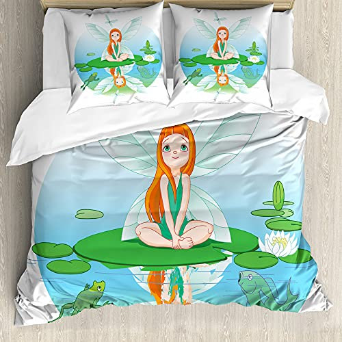 ABAKUHAUS Frösche Bettbezug Set für Einzelbetten, Fee auf Wasser-Lilien-Blatt, Milbensicher Allergiker geeignet mit Kissenbezug, 155 cm x 200 cm - 80 x 80 cm, Mehrfarbig