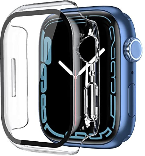 Uluck 2 Stück Hard Hülle mit Glas Displayschutz Kompatibel Apple Watch Series 9/8/7 45mm, Displayschutz Rundum Schutzhülle Ultradünnes Schutz Case, Transparent