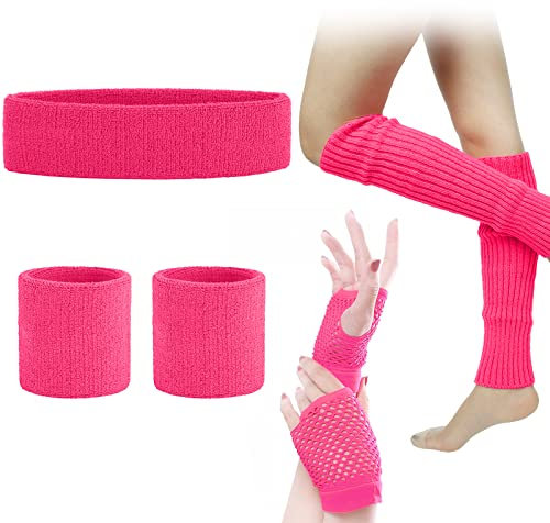 Leg Warmers Fishnet Gloves Headband Wristbands Neon Set, 80s Women Fancy Dress Costume Accessories, 1980s Retro Theme Party Costumes (Pink)