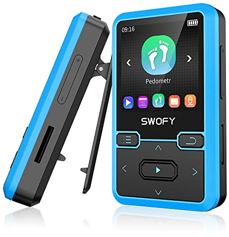 SWOFY MP3 Player Bluetooth 5.0 mit Sport Clip, 32GB Tragbarer Mini Musik Player mit Kopfhörer, FM Radio, Schrittzähler, Sprachaufzeichnung, Unterstützt bis 128GB SD Karte (Blau)