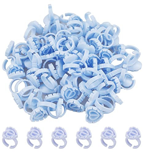 100 Pcs Disposable Glue Rings, Blue Lashes Glue Ring Cup Plastic Makeup Glue Holder Rings Lashes Quick Blossom Cups for Eyelash Extension