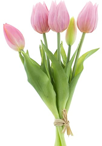 mucplants künstliche Tulpen ca. 26cm Tulpenbündel mit 3 Tulpen und 2 Tulpenknospen real Touch (Mauve)