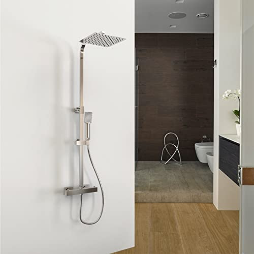 Aica Columna de Ducha termostática 38℃, Alcachofa de Baño, Rociador cuadrado en cromo con manguera de acero inoxidable, Ducha Lluvia, Barra regulable 80-120cm