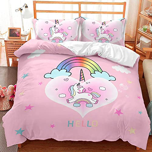 AOXHFNV Rosa Einhorn Bettbezug,Schöner Regenbogen weiße Wolke Einhorn Mädchen Kinder Bettwäsche 135×200cm,Einhorn-Motiv Bettwäsche mit 2 Kissenbezügen(135×200cm,Rosa 2)