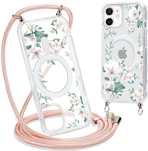 Yoedge Handyhülle Handyband für iPhone 12/iPhone 12 Pro 6,1 Hülle mit Band,Transparent Magnetisch Case Kompatibel mit Magsafe,Silikon Stoßfest Kordel Schutzhülle mit Aesthetic Muster 3-Blumen
