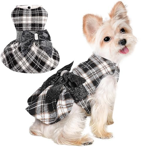Small Dog Sweaters Dress Plaid New Year Dog Sweaters for Small Dogs Girl Winter Pet Princess Puppy Dress Small Dog Outfits Dog Clothes Coat for Chihuahua Yorkie Teacup, Small, Black