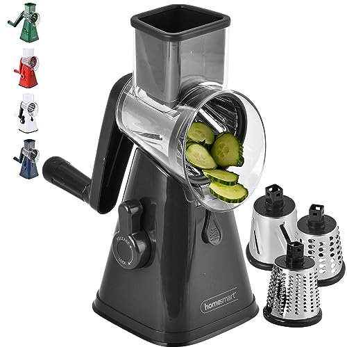 TJC Rotary Cheese Grater Handheld Vegetable Slicer with 3 Stainless Steel Drum Blades - Carrot Grater for Kitchen - Slicer Shredder for Cucumber & Nuts - Strong Suction Base & Easy to Use - Black
