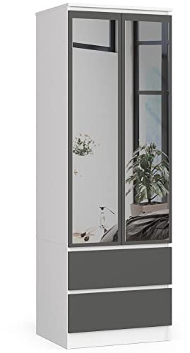 AKORD Kleiderschrank Star S | Zweitürig mit Spiegel S 60 cm | 2 Schubladen mit Regalen und Einer Kleiderstange | für Kleiderschränke Schlafzimmer | Laminierte Platte 16 mm | Farbe Weiß/Graphitgrau