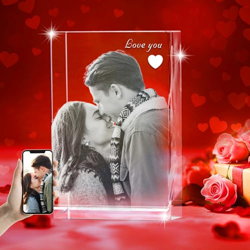 3D LovePix Personalized 3D Crystal Photo - Optional Multicolor Light Base| Gift Box| Customized Laser Etched Picture for Moms, Dads, Birthdays, Mother's day & Celebrations - Rectangular (Small)