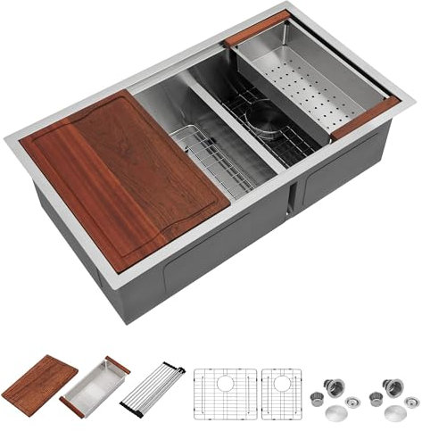 Dcolora 36 Inch Large Double Bowl Low-Divide Kitchen Sink Undermount 16 Gauge Stainless Steel 60/40 Split with Workstation, 36x19x10 Double Basin, DC-U7739