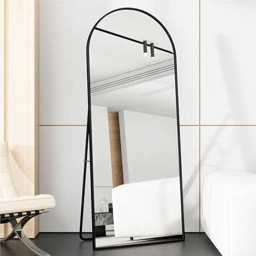 AUFHELLEN Bogen Ganzkörperspiegel 180x80cm, Gewölbter Spiegel mit Schwarz Metallrahmen Standspiegel HD Groß Bodenspiegel Wandspiegel mit Haken für Wohn-, Schlaf- und Ankleidezimmer Spiegel