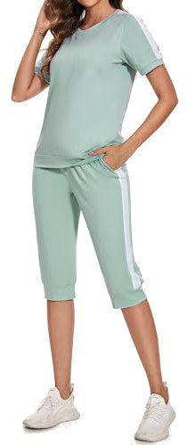 Aottori Pyjama Damen Sportanzug Set Jogginganzug Damen Freizeitanzug Frauen Trainingsanzug Set 2 Teiliges Kurzarm-Hosenanzug mit Kurzen Ärmeln Grün M