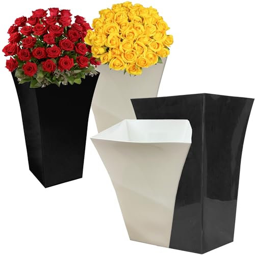 STORM TRADING GROUP Large Tall Milano Plastic Shiny Gloss Planters Black or White Flower Planter For Home, Greenhouses & Patios (2, Black)
