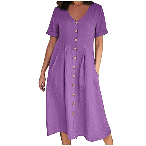 Robe d'été décontractée à col en V pour femme - Robe chemise unie à manches courtes en coton et lin - Grande taille, #07 Violet, Taille 3XL