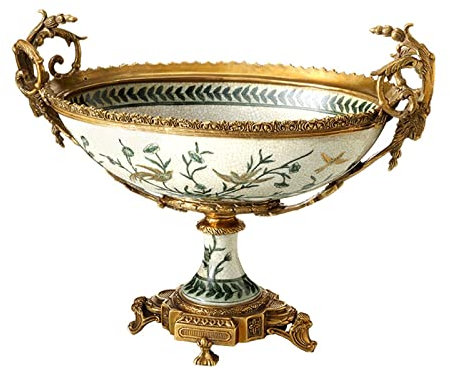 Cesta De Frutas Frutero De Cerámica Estilo Chino Retro Pie Alto Decoración Creativa Plato De Frutas Decoración De La Sala De Estar del Hogar Plato De Frutas De Porcelana Base De Cobre Plato De Frutas