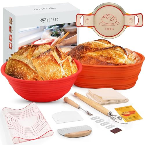 DOQAUS Sourdough Proving Basket Kit, Banneton Proofing Basket Set Including 9 Round & 10 Oval Silicone Bread Proofing Basket, Baking Mat, Dough Scraper, Bread Lame, Dough Whisk, Linen Liner