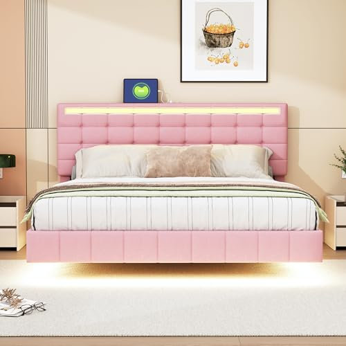 Dalred Letto imbottito 160 x 200 cm, telaio imbottito con luci a LED e design testiera, letto matrimoniale in lino delicato sulla pelle (rosa)