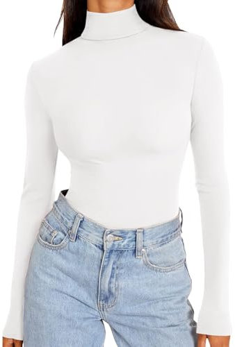 REORIA Women's Long Sleeve Mock Turtle Neck Tops Tight Basic Double Lined Thermal Underwear Shirt Fall Outfits(White Small)