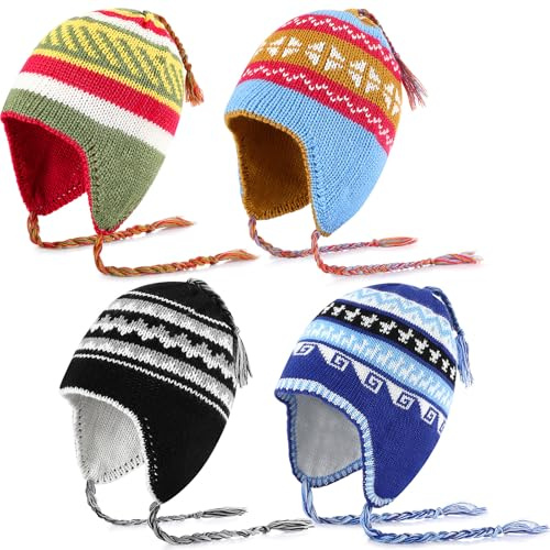 HICARER Peruanische Mütze für Damen, Strickmütze, Wollmütze mit Ohrenklappen, Fleecefutter, warm, Wintermütze, Nepal, für Damen und Herren, 4 Stück, Mehrfarbig, Einheitsgröße