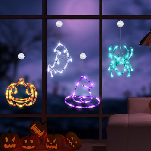 Halloween Deko Lichterkette, 3 Stück Halloween Fensterdeko Licht mit Saugnapf, Halloween Deko mit Orange Kürbis,Weiße Geist,Lila Hexenhut,Blaue Spinne, Batteriebetriebene für Halloween Dekoration (D)