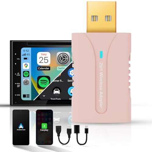 DYUZO CarPlay Android Auto Wireless Adapter, Mini 2in1 mit Car Play Android Auto Autos Stick, Stabilität Automatische Verbindung für OEM Verdrahtete CarPlay Android Auto 2025 Upgrade, Rosa
