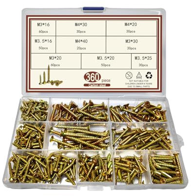Selbstschneidende Schrauben Set, 360 Stück Holzschrauben M3/M3.5/M4, Vollgewinde Schnellbauschraube Selbstbohrende Holzschrauben mit Aufbewahrungsbox, für Bauprojekten Heim DIY