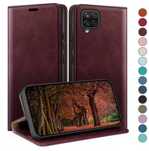 HUOUH für Samsung Galaxy A12 Hülle mit RFID Schutzhülle aus Lederhülle Handyhülle,Kartenfach Leder ständer Handy hülle,360 Grad Schutz Cover für Samsung A12 Klapphülle Wallet Case Rotwein