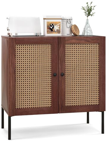 COSTWAY Buffet Cuisine Rotin PVC, Commode Cannage 2 Portes, Étagère Réglable, Pieds en Métal, Meuble Cuisine Rangement Bohème, Armoire pour Salle à Manger, Salon, 80 x 40 x 80 cm(Noyer)