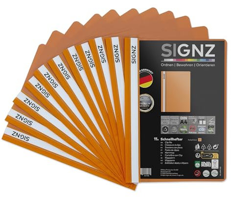 SIGNZ Schnellhefter DIN A4, stabil, 11 Stück, orange, transparenter Deckel, CO2-neutral hergestellt, aus recycelbarem Kunststoff (PP), FSC Mix 70%, made in Germany