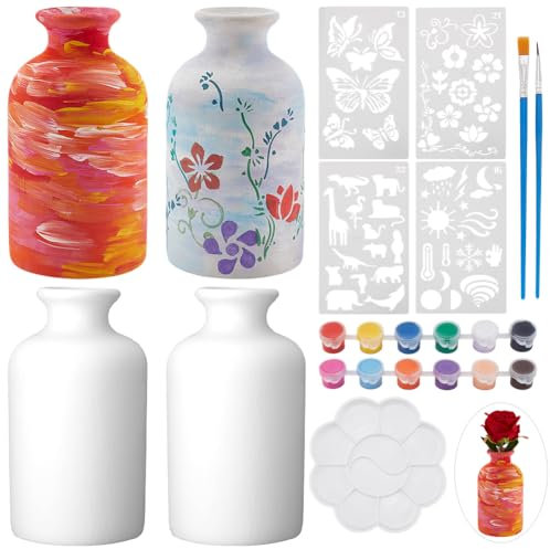 WEBEEDY 2 Sets Ceramic Vase Paint Kit Paint Your Own Porcelain Vases Ceramic Vase to Paint Unpainted White Ceramic Vase for Adults Beginners DIY Paint Craft Kit for Fun Home Acticity