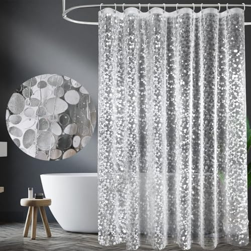 Shower Curtains Mould Proof Resistant, PEVA Waterproof Heavy Duty Bathroom Curtains, Liner 3D Effect Clear Pebble Shower Curtain with 12 Hooks, 180 x 200 cm, Cobblestone