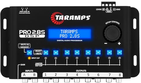 Taramps Pro 2.8S Black DSP Crossover Full Digital Signal Audio Processor and Equalizer with sequencer 15-Band Graphic Equalization 12 preset EQ 2-Channel in and 8-Channel Out Car Audio, Sound Quality
