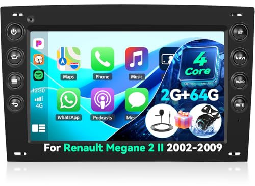 2G + 64G Estéreo de Coche Android para Renault Megane 2 II 2002-2009 CarPlay inalámbrico Android Coche 7 Pulgadas Pantalla táctil Navi GPS con cámara de visión Trasera WiFi FM/RDS Radio