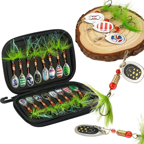 JasCherry Kit esche pesca rotanti con paillettes, esche da pesca in metallo rotanti realistiche, set artificiali, ami ancora affilati, 16 accessori con scatola portaoggetti