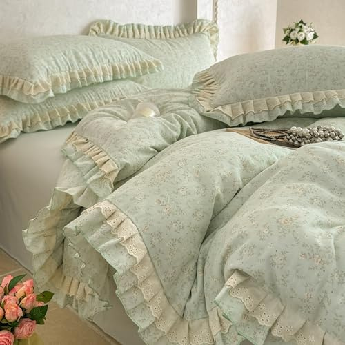 GETIYA Romantisch Mädchen Damen Bettwäsche 200x200 Baumwolle Doppelgarn Bettwäsche Blumen Rüschen Bettbezug Blümchen Floral Muster Baumwollgarn Deckenbezug Hellgrün mit 2 Kissenbezug 80x80