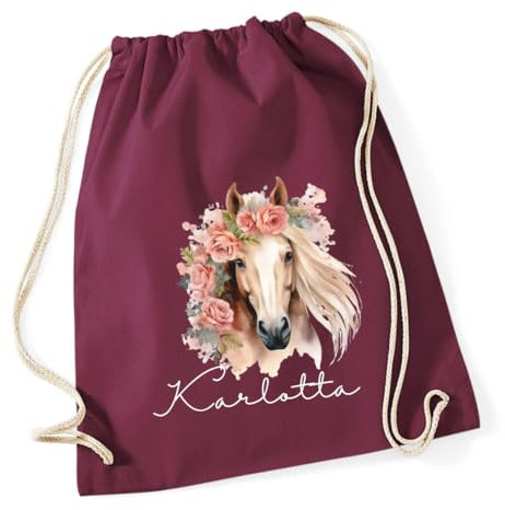 minimutz Turnbeutel Mädchen Pferd Kindergarten, Stoffbeutel Baumwolle mit Name, Rucksack Kordel zum Zuziehen, Sportbeutel Schule, Wechselwäschebeutel Kita (burgund)