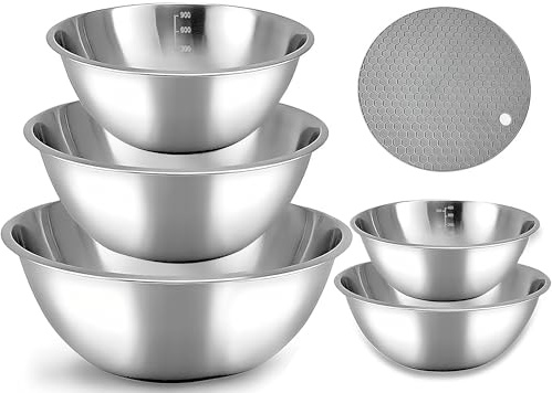 Houbobo Stainless Steel Mixing Bowl (5-Piece Set) with A Silicone Non Slip Trivet, Kitchen Mixing Bowls with Measurement Markings, Size 0.6, 0.9, 1.6, 2.0, 2.6L for Baking & Cooking, Dishwasher Safe