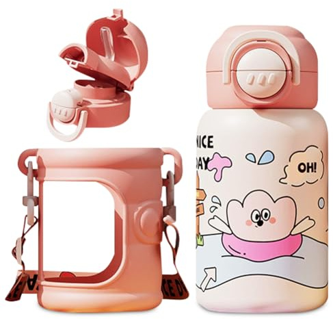 Stainless Steel Water Bottle Kids Insulated Tumbler 550ml Water Bottle Cute Thermos Mugs Reusable Stainless Steel Insulated Bottle for Adults & Kids- Travel Gym School-Pink