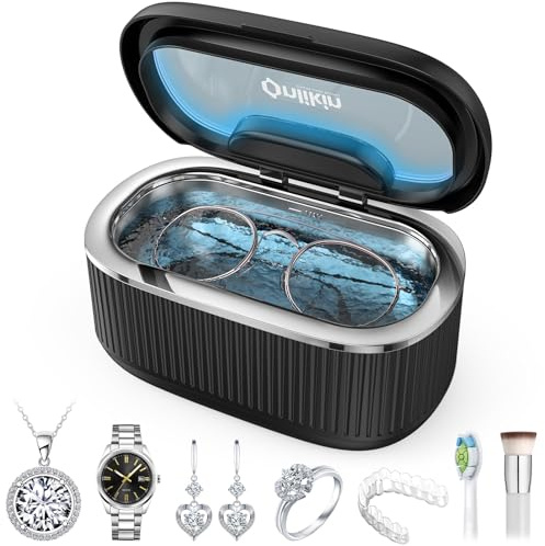 onlikin 35W Ultrasonic Jewelry Cleaner, 45KHz Retainer Cleaner for Jewelry, 5 Timer & 3 Power Modes, Eyeglasses, Rings, Watch Strap, Dentures - 20oz, 304 Stainless Steel Tank, Quiet <38dB (Black)